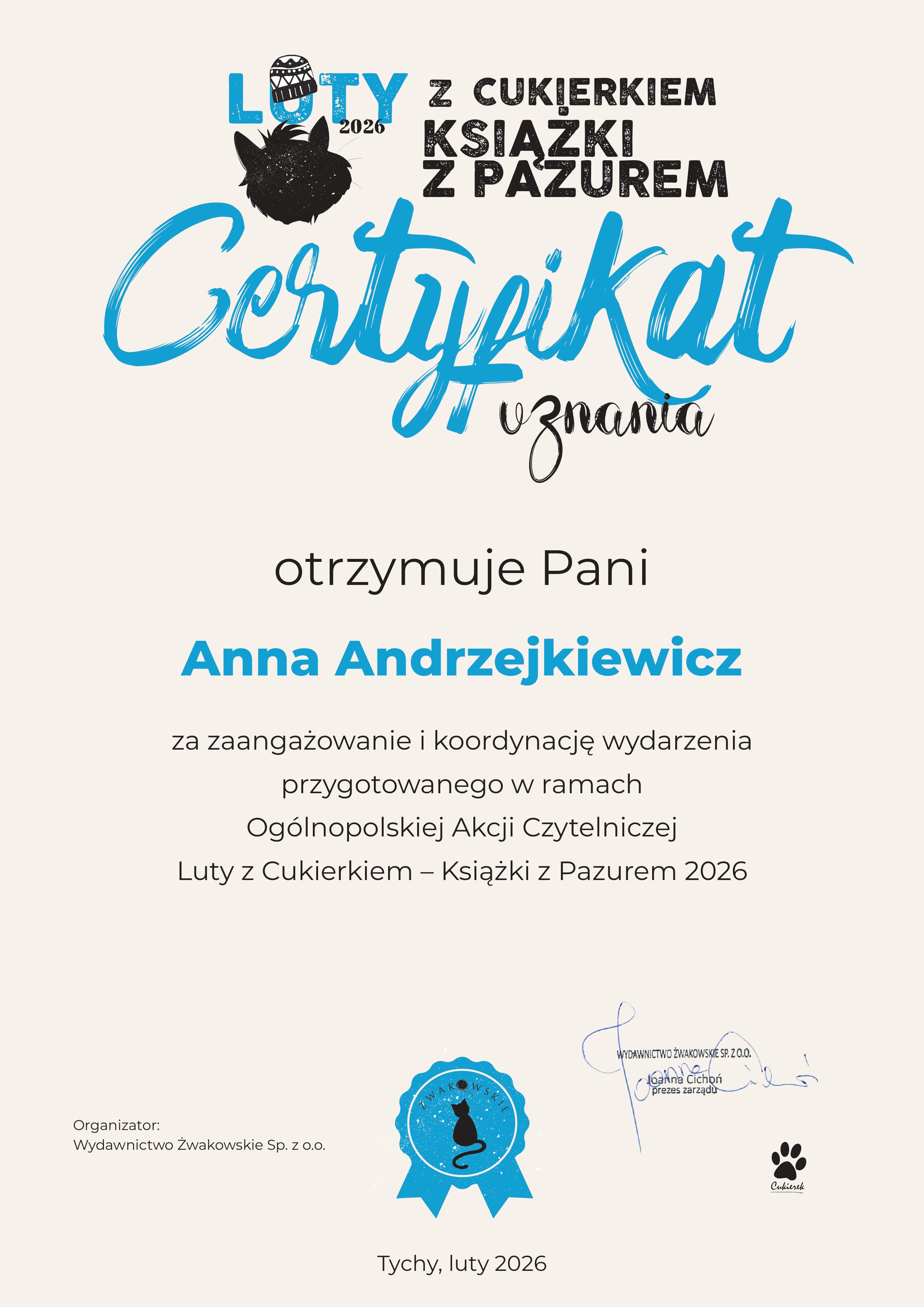 Certyfikat za udział w akcji czytelniczej